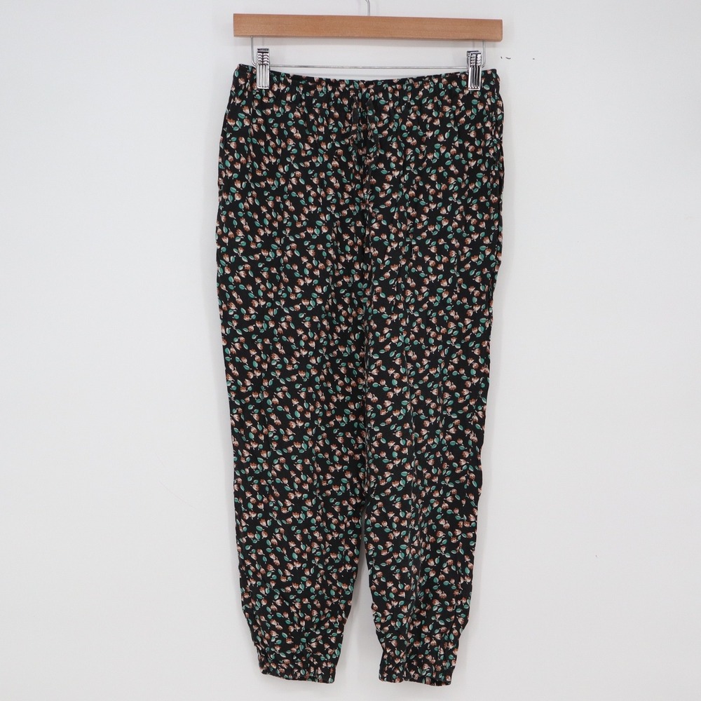 Uniqlo Jogger Pants Womens M Floral Tulip Black Rayon Tapered Casual Excellent